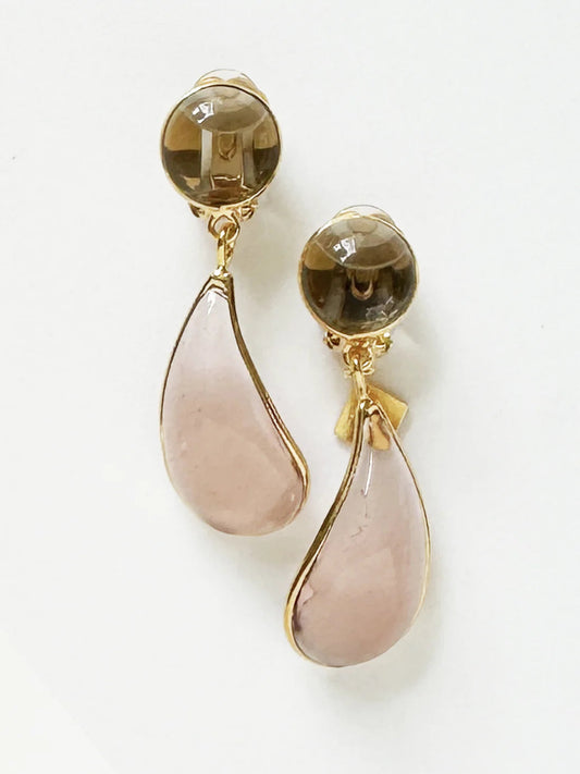 BOUCLES D'OREILLE DOUBLES GOUTTES À CLIP - VERT/ROSE