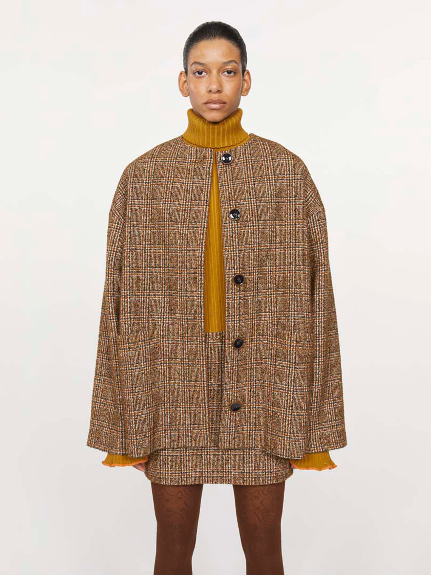 MANTEAU DORILA À CARREAUX MARRON ET CARAMEL